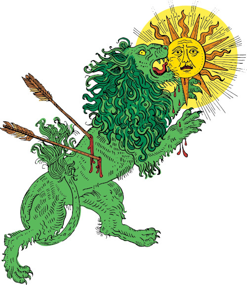 O leão verde devorando o sol é uma imagem comum em registros alquimistas, feitos por indivíduos que faziam uso de alquimia.