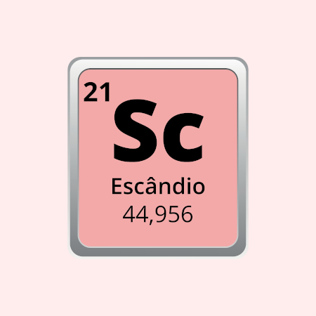 Símbolo e número atômico do elemento escândio em quadrado rosa com borda prata.