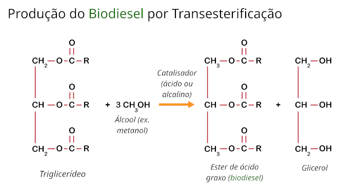 Exemplo de reação de transesterificação para a produção de biodiesel.