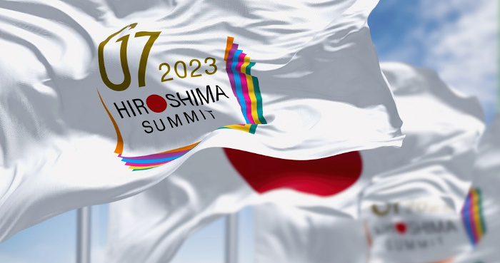 Bandeira da Cúpula do G7 realizada na cidade de Hiroshima, no Japão, no ano de 2023.