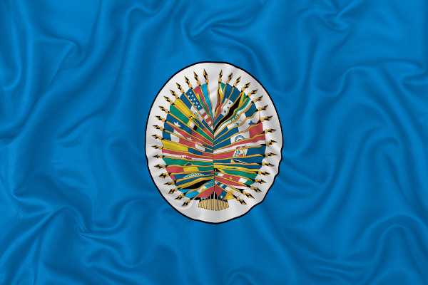 Bandeira da OEA com um círculo no centro, formado pelas bandeiras dos países que compõem essa organização.