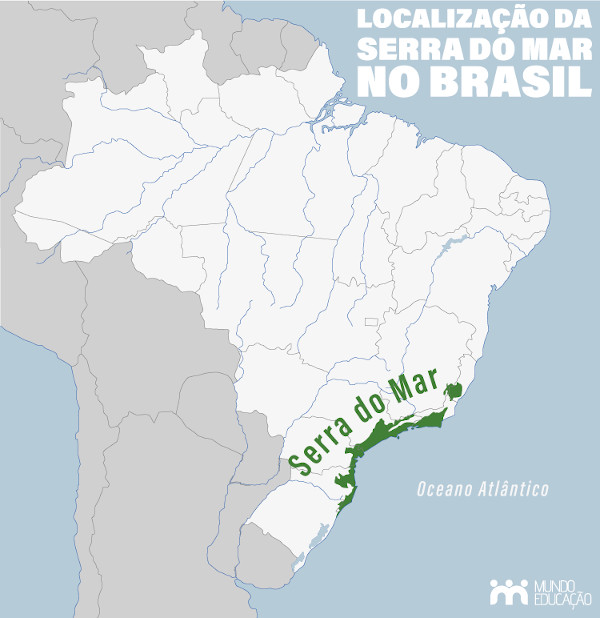 Mapa do Brasil indicando a localização exata da Serra do Mar.