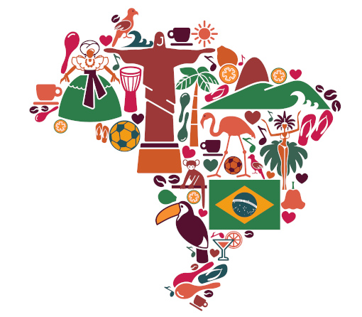 Várias ilustrações formando o mapa do Brasil, em alusão à diversidade cultural no Brasil.