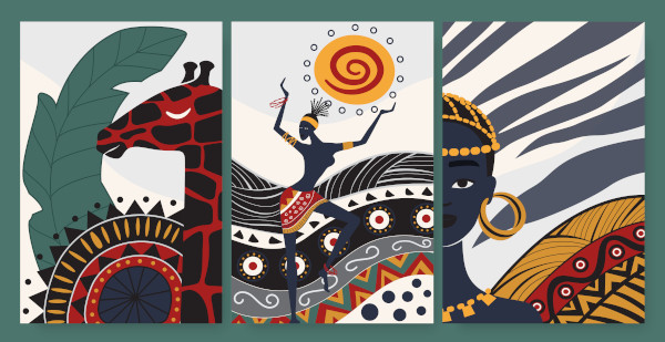 Ilustrações coloridas de pessoas negras, girafa e elementos culturais presentes na literatura africana.