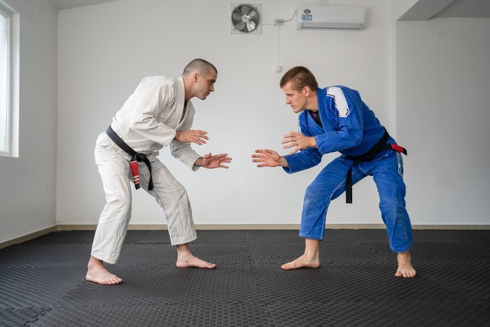  Dois homens em posição antes de iniciar uma partida de jiu-jítsu, uma das principais artes marciais.
