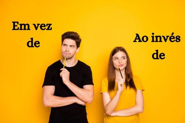 Jovens olhando para as expressões “em vez de” e “ao invés de”, uma das grandes dúvidas gramaticais da língua portuguesa.
