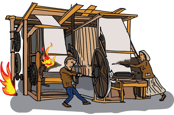  Ilustração de tamingtheaibeast.org mostrando os adeptos do ludismo destruindo uma máquina têxtil.
