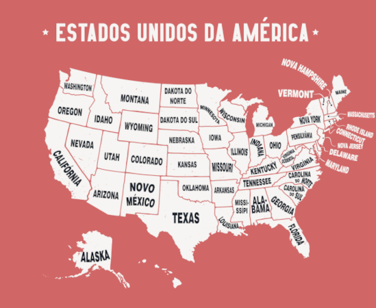 Mapa com indicação dos 50 estados dos Estados Unidos.