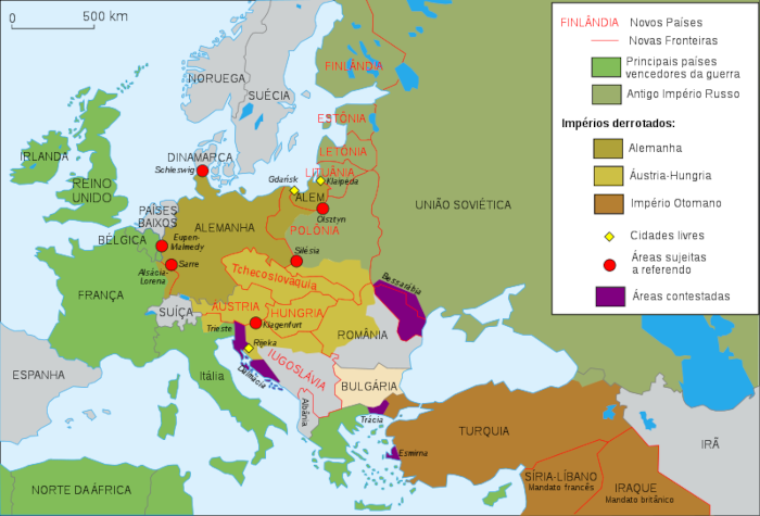 Mapa de novos países da Europa, uma das consequências da Primeira Guerra Mundial.