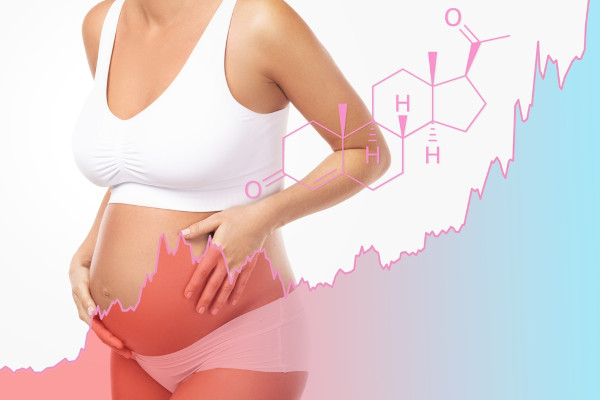 Fórmula estrutural da progesterona sobreposta à mulher grávida.