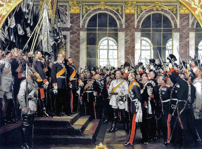 Coroação de Guilherme I, no final da Guerra Franco-Prussiana, representada em uma pintura.