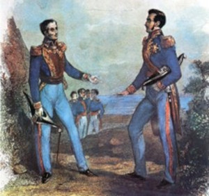 San Martín e Bolívar se uniram na Conferência de Guayaquil, em prol da independência da América Espanhola.