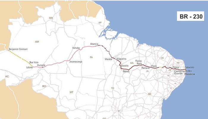 Mapa do projeto de construção da Rodovia Transamazônica (BR 230), uma das obras faraônicas do milagre econômico brasileiro.