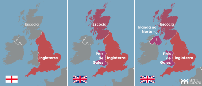Cartograma com as diferenças entre Inglaterra, Grã-Bretanha e Reino Unido.