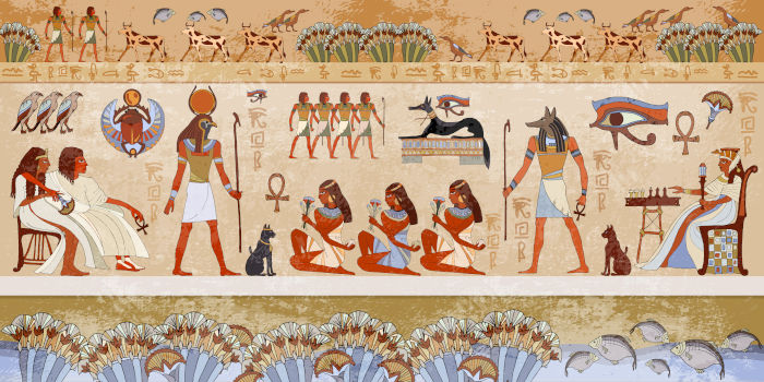 Murais do Egito Antigo representando deuses e faraós como representação da lei da frontalidade da arte egípcia.