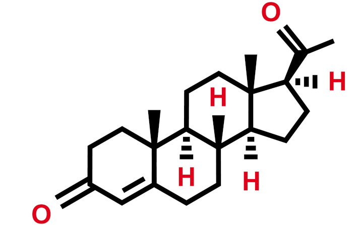 Estrutura química da progesterona, um hormônio da classe dos esteroides.