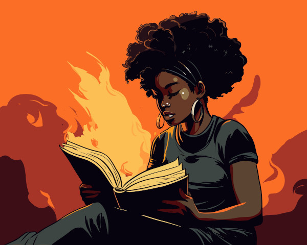 Representação de mulher negra lendo um livro literário.