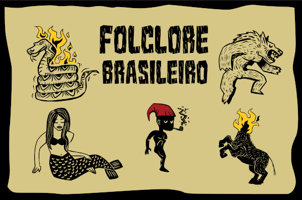 Representação dos personagens de lendas do folclore brasileiro: boitatá, iara, saci-pererê, mula sem cabeça e lobisomem.