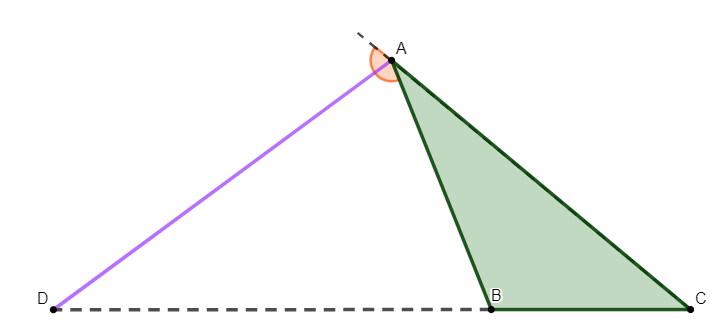 Bissetriz do ângulo externo do triângulo ABC para explicar o teorema do ângulo externo.