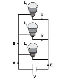 Três lâmpadas em exercícios sobre associação de resistores em paralelo.