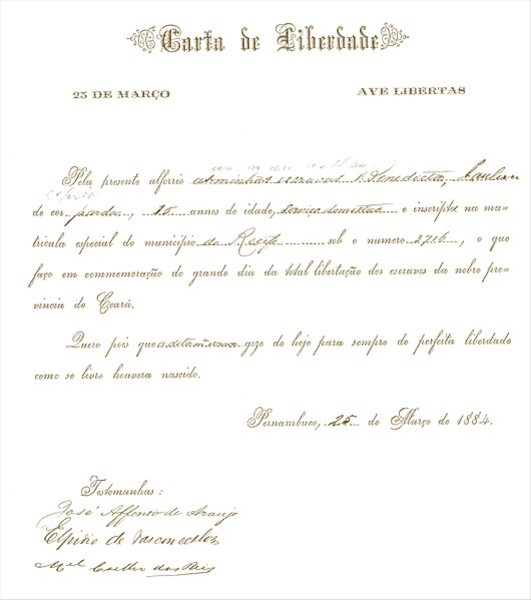 Carta de alforria concedida em março de 1884, em Pernambuco, antes mesmo de ser sancionada a Lei Áurea.
