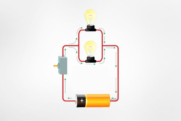 Duas lâmpadas e uma pilha ilustrando a associação de resistores em paralelo.