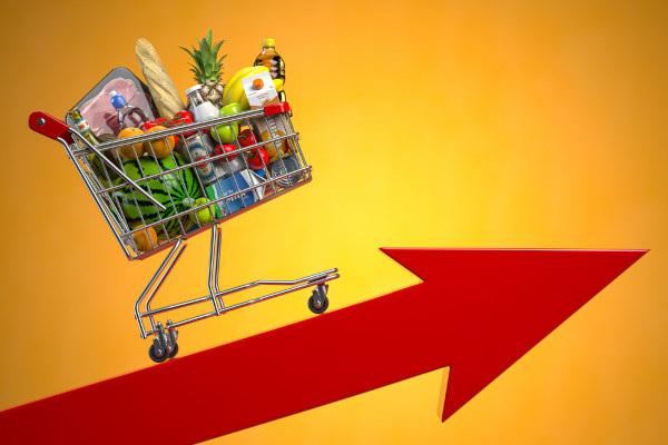 Ilustração de um carrinho de compras cheio sobre um gráfico vermelho ao lado do escrito “inflação no Brasil”.