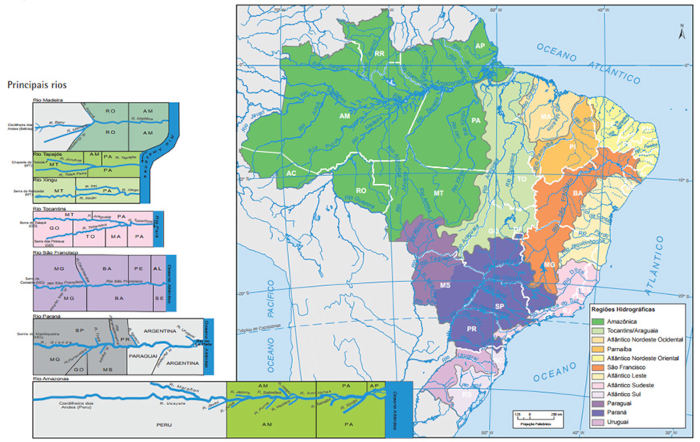 Mapa das bacias hidrográficas brasileiras.