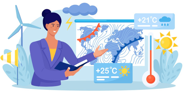 Mulher observando medidores de temperatura e mapa em ilustração sobre meteorologia.