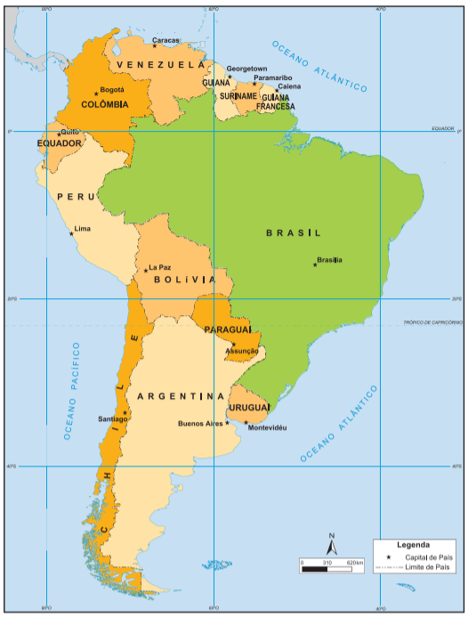 Mapa dos países da América do Sul.