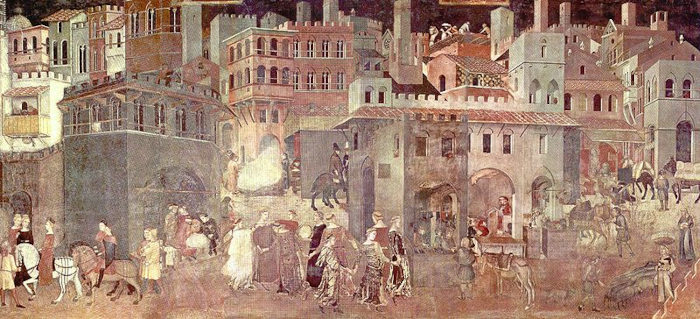 Pintura “Alegoria do bom governo”, de Ambrogio Lorenzetti, pintor renascentista.