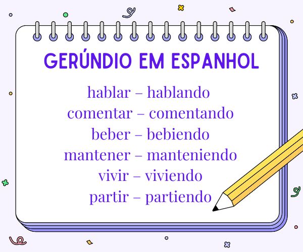 Quadro com exemplos de verbos no gerúndio em espanhol.