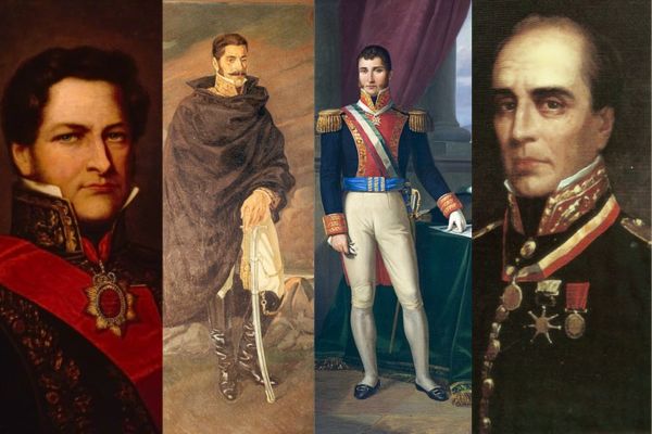 Alguns dos principais líderes do caudilhismo: Juan Manuel de Rosas, Manuel Oribe, Agustín de Iturbide e Rafael Urdaneta.