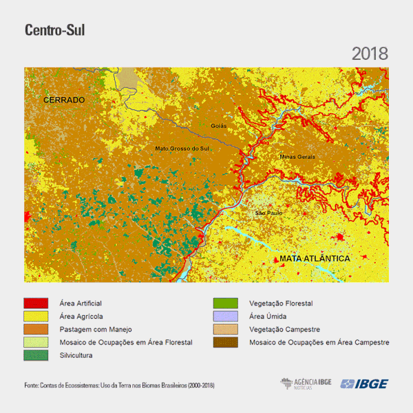 Gif produzido pelo IBGE mostrando uma das situações de desmatamento no Brasil: desmatamento no centro-sul.
