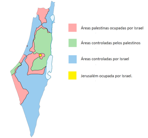 Mapa da Palestina e de Israel em 2020, em texto sobre a criação do Estado de Israel.