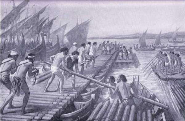 Gravura do século XIX mostrando os fenícios, povo conhecido por ter dominado a navegação, construindo barcos.