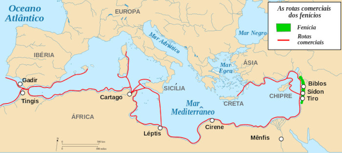 Mapa mostrando a localização da Fenícia e as rotas comerciais dos fenícios.