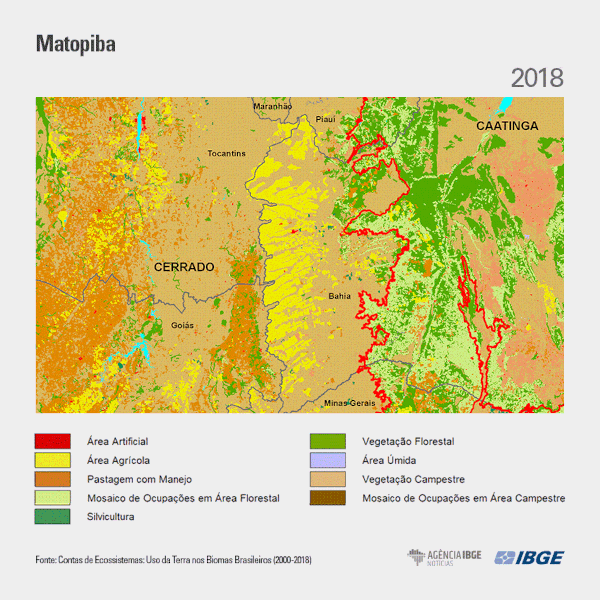 Gif produzido pelo IBGE mostrando uma das situações de desmatamento no Brasil: desmatamento no Matopiba.