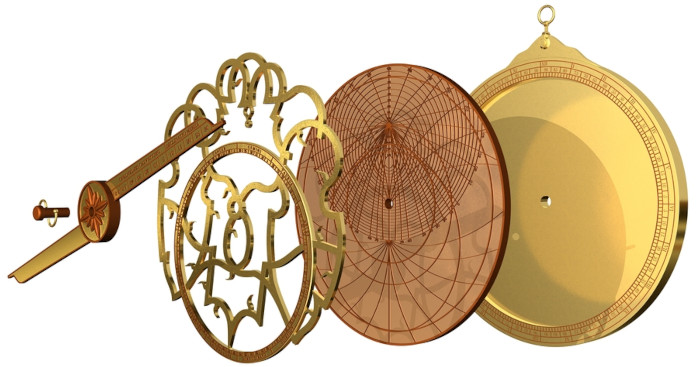 Ilustração mostrando algumas das partes do astrolábio.