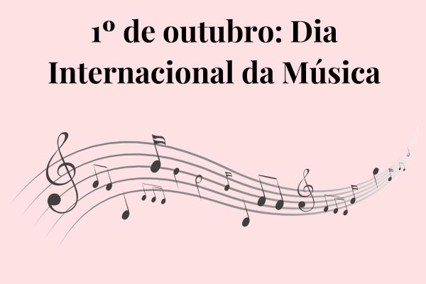 Texto “1º de outubro: Dia Internacional da Música” escrito em fundo branco composto por símbolos musicais.
