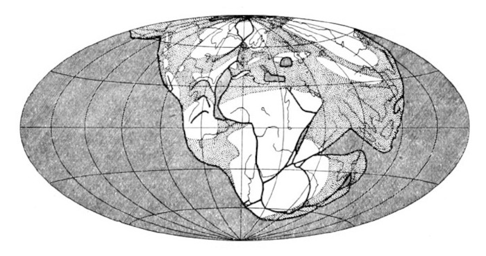 Mapa da Pangeia no período Permiano, produzido por Wegener, conforme a teoria da deriva continental.