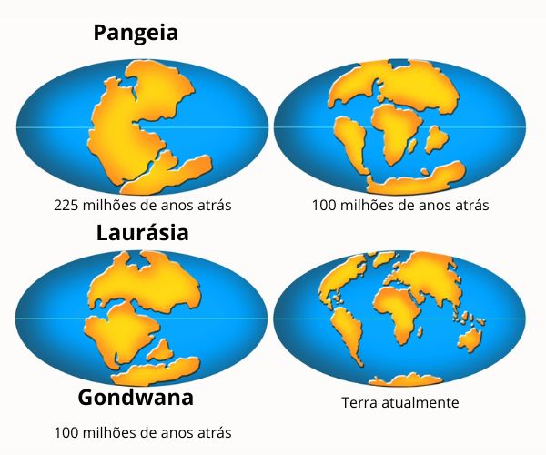 Reconfiguração dos continentes conforme explica a teoria da deriva continental.