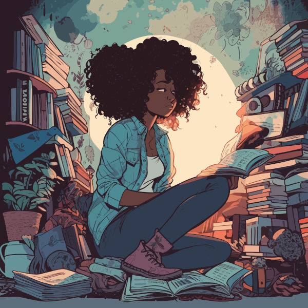 Ilustração de uma jovem negra lendo um livro em alusão à representação do negro na literatura brasileira.