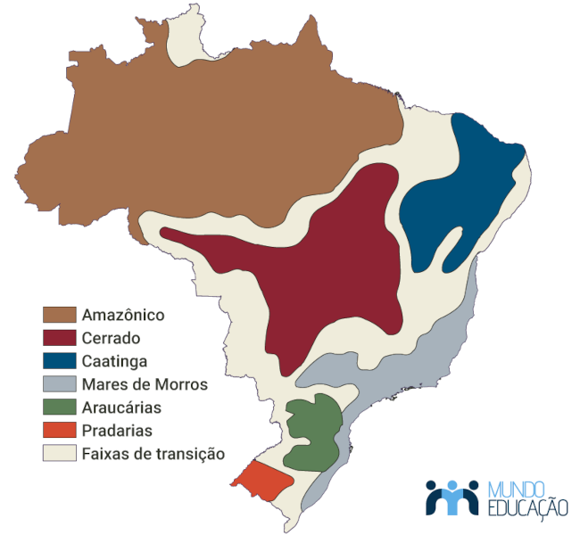 Mapa mostrando os seis domínios morfoclimáticos do Brasil.