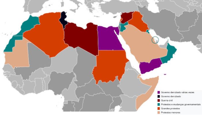 Mapa da Primavera Árabe.