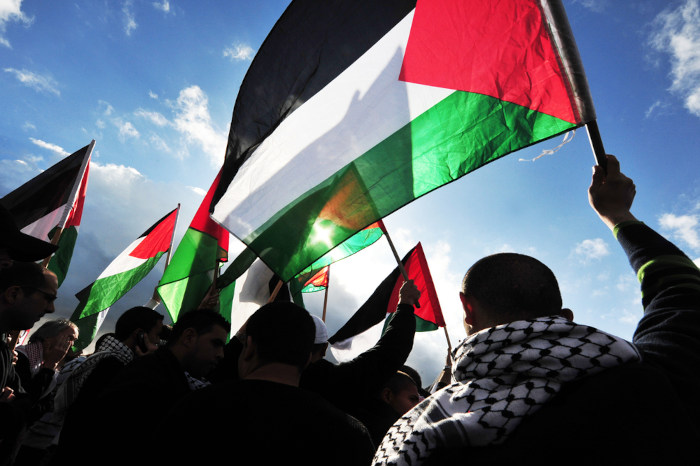 Palestinos segurando bandeira palestina.
