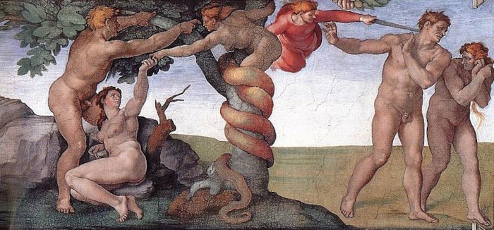 “A queda de Adão e Eva”, parte do criacionismo cristão, pintura de Michelangelo.