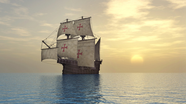 Representação de uma caravela, embarcação desenvolvida pelos portugueses, fundamental para a expansão marítima portuguesa.