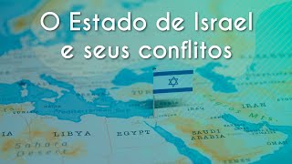 Escrito"O Estado de Israel e seus conflitos" sobre imagem da Bandeira de Israel fixada no mapa da faixa de Gaza.