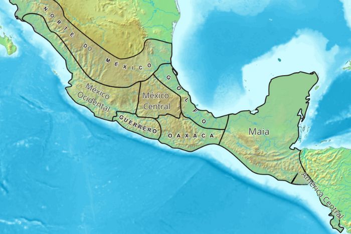 Mapa da Mesoamérica, berço de civilizações pré-colombianas.